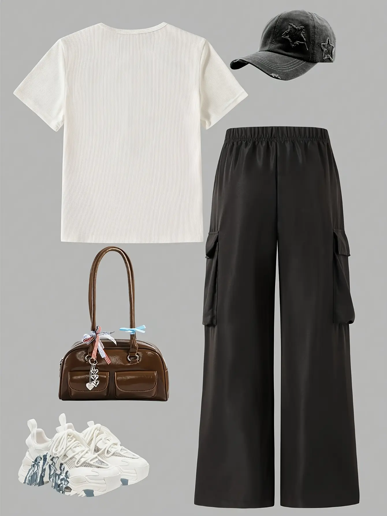 Girls Bow Knit Tee and Cargo Wide Leg Pants Set detail view