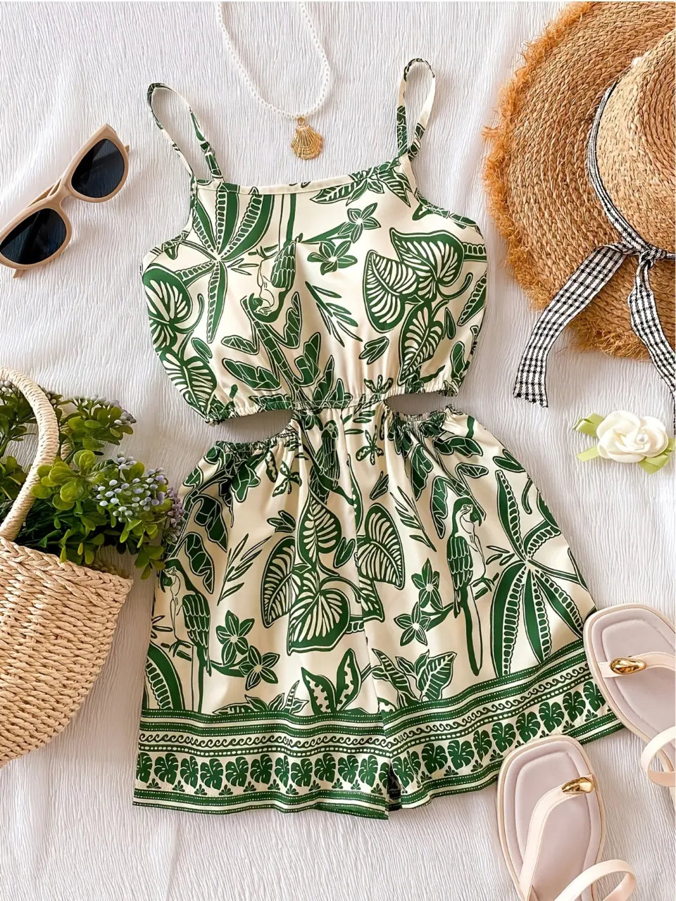 Girls Tropical Print Cutout Romper