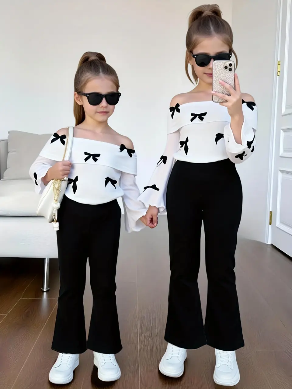 Girls Bow Off Shoulder Top and Flare Pants Set