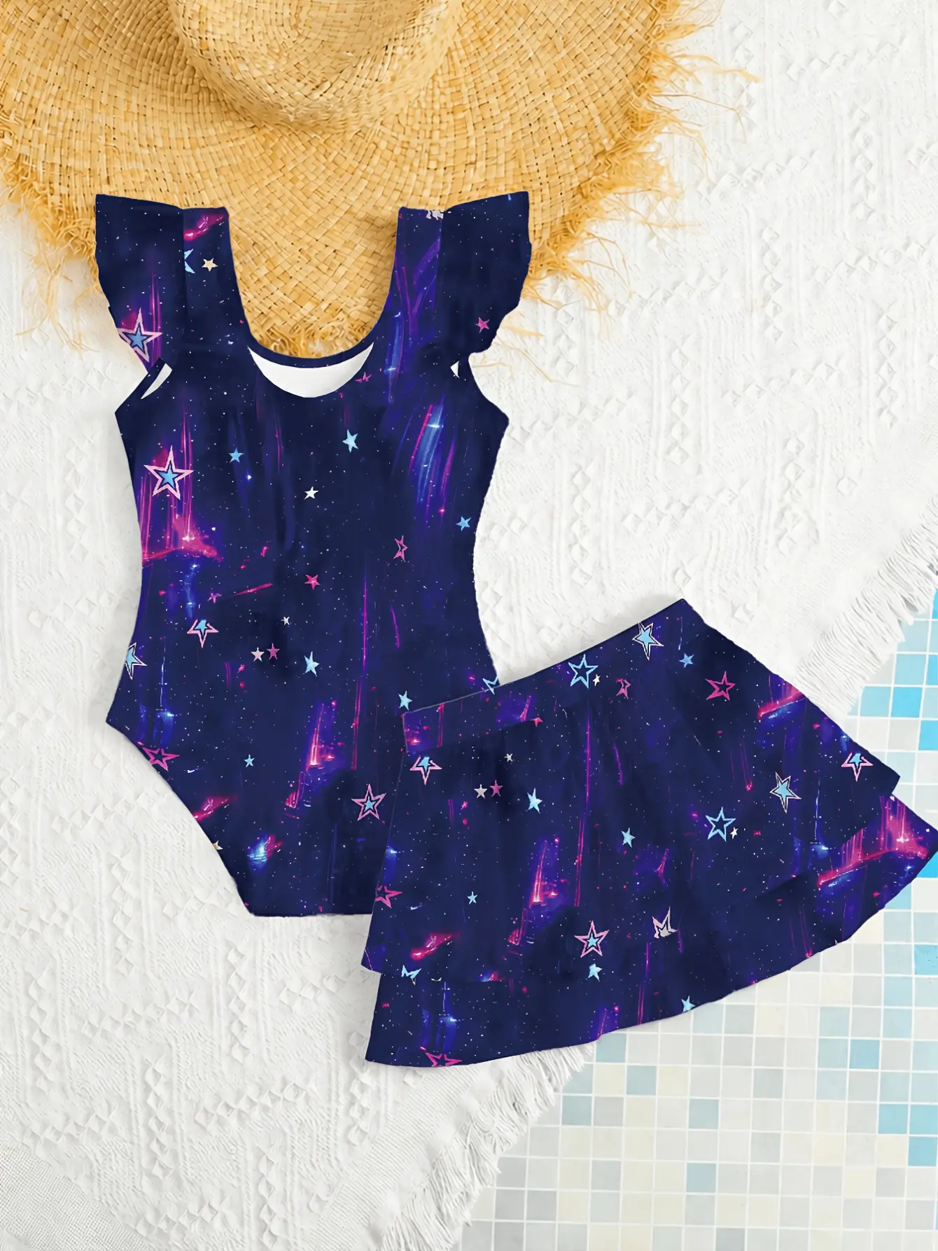 Girls Rainbow Cartoon Swim Dress Set detail view