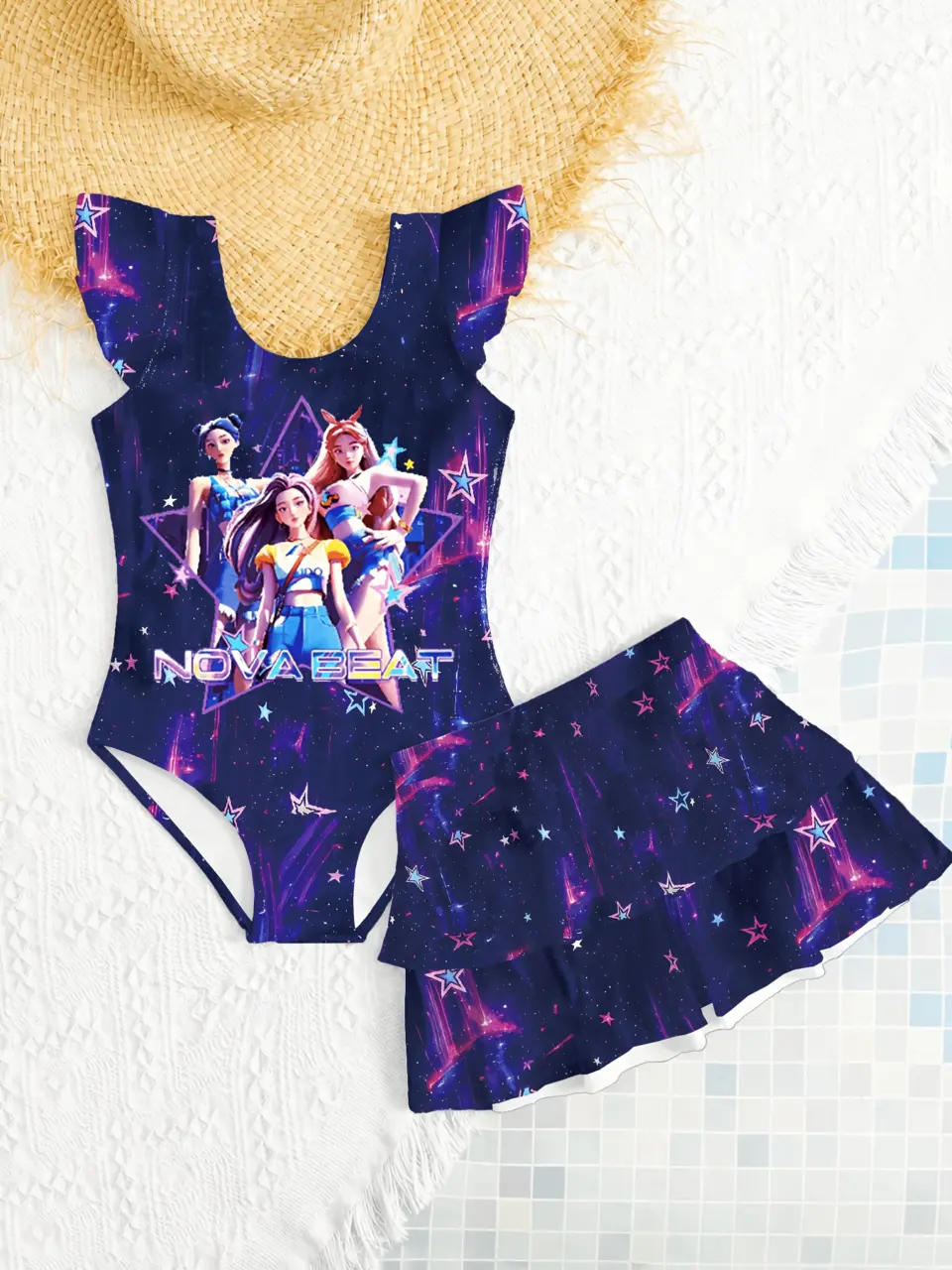 Girls Rainbow Cartoon Swim Dress Set