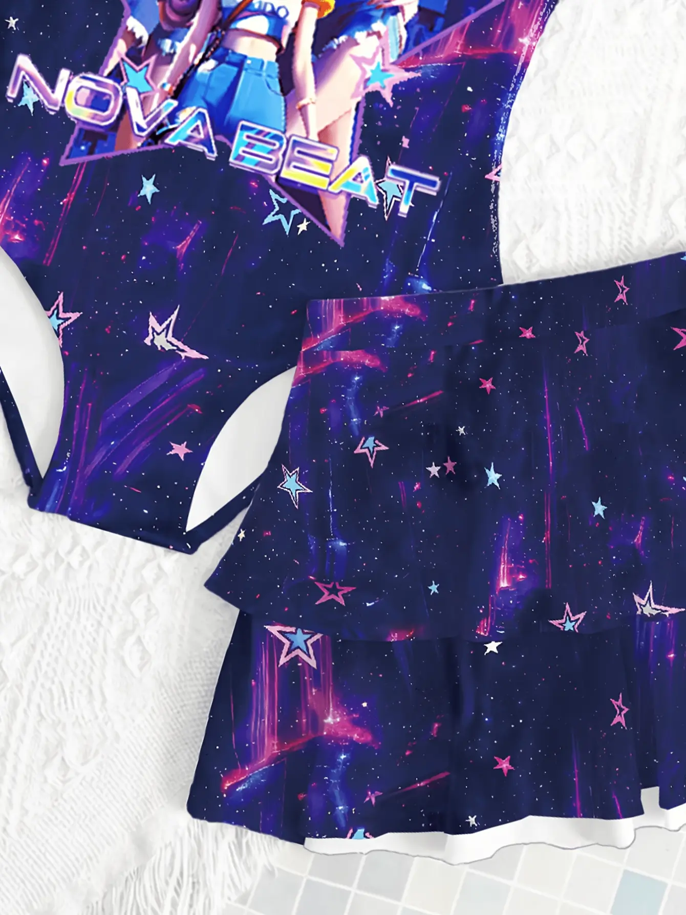 Girls Rainbow Cartoon Swim Dress Set detail view