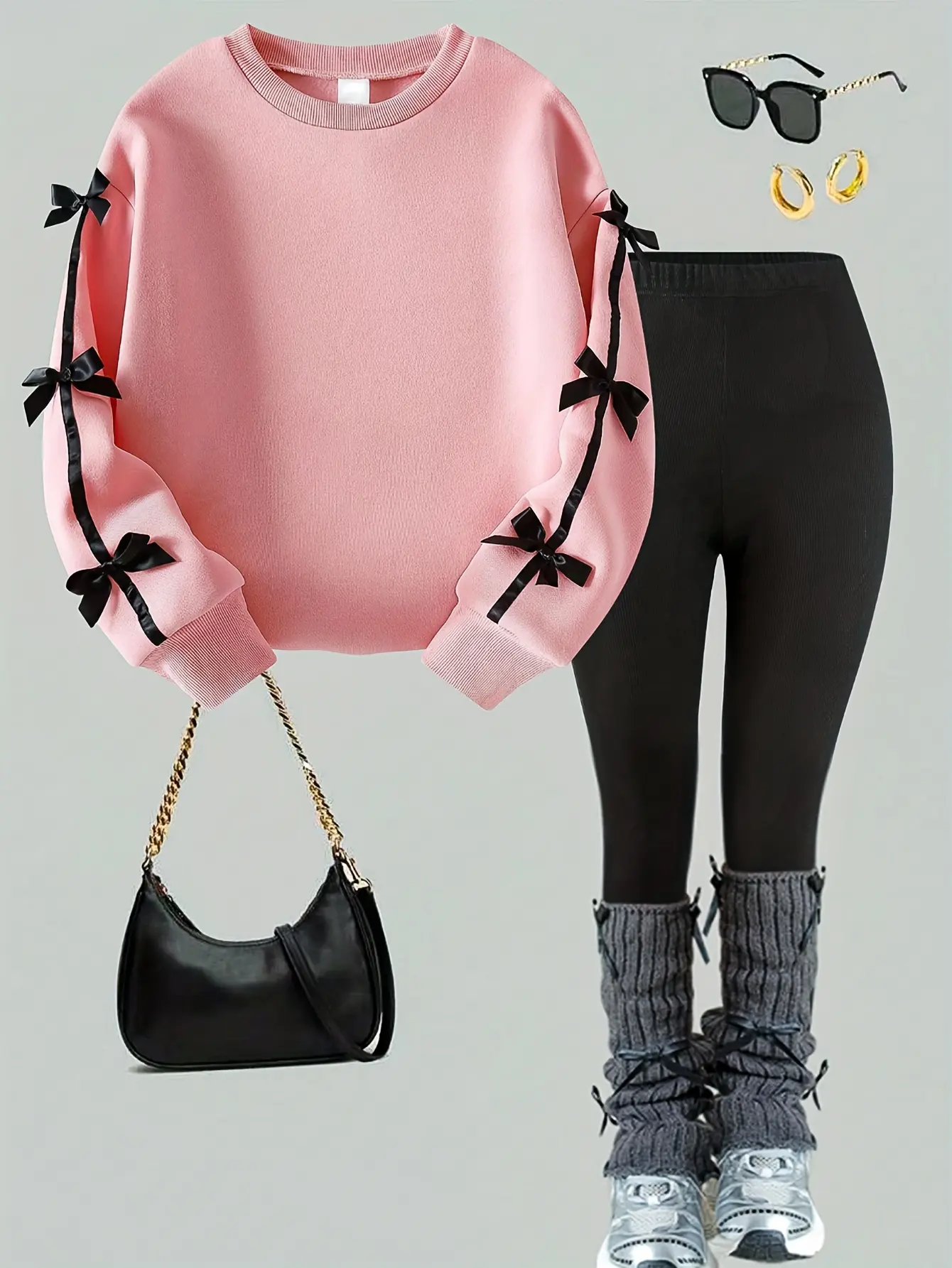 Girls Pink Bow Sweatshirt and Black Leggings Set detail view