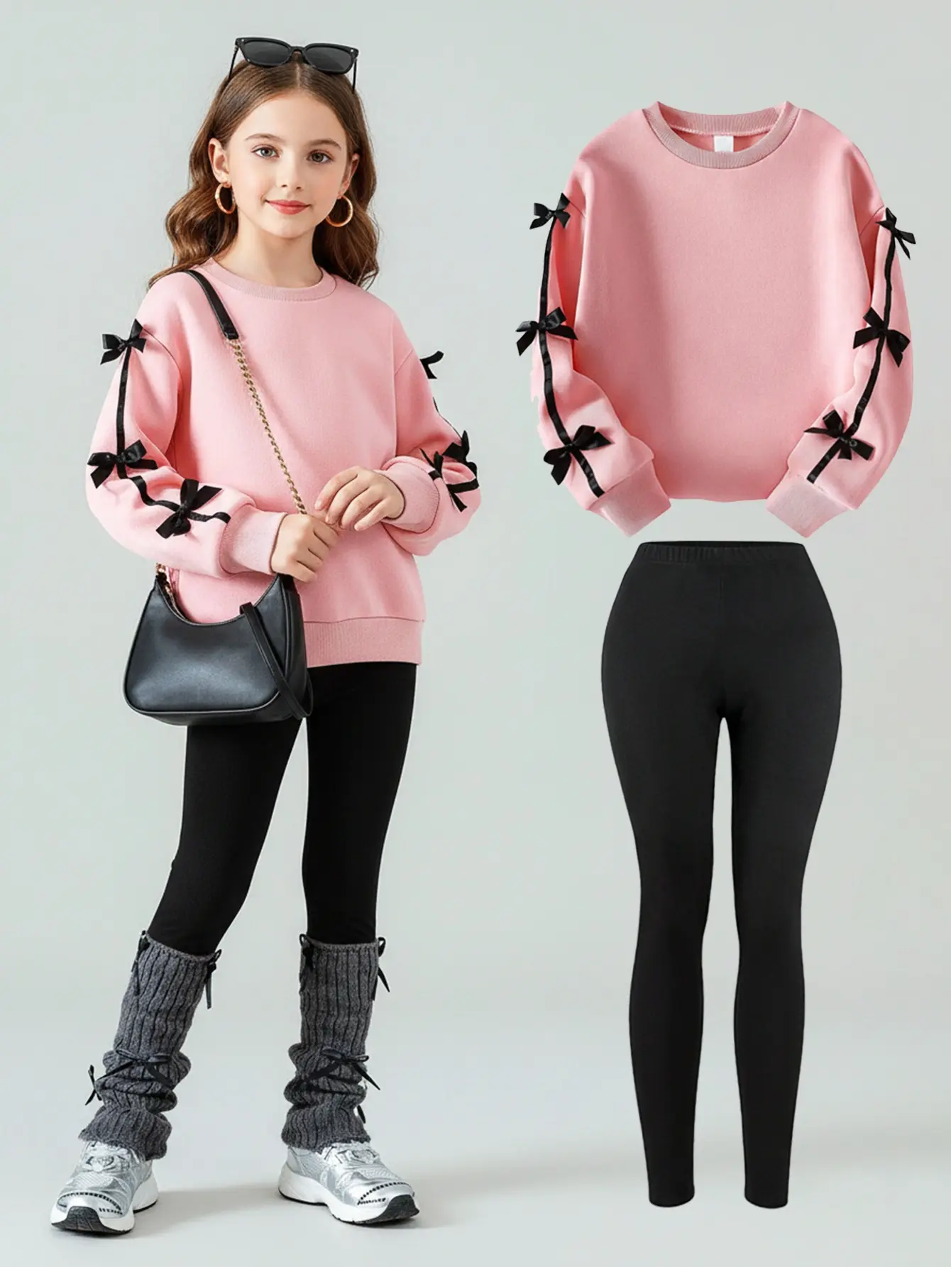 Girls Pink Bow Sweatshirt and Black Leggings Set
