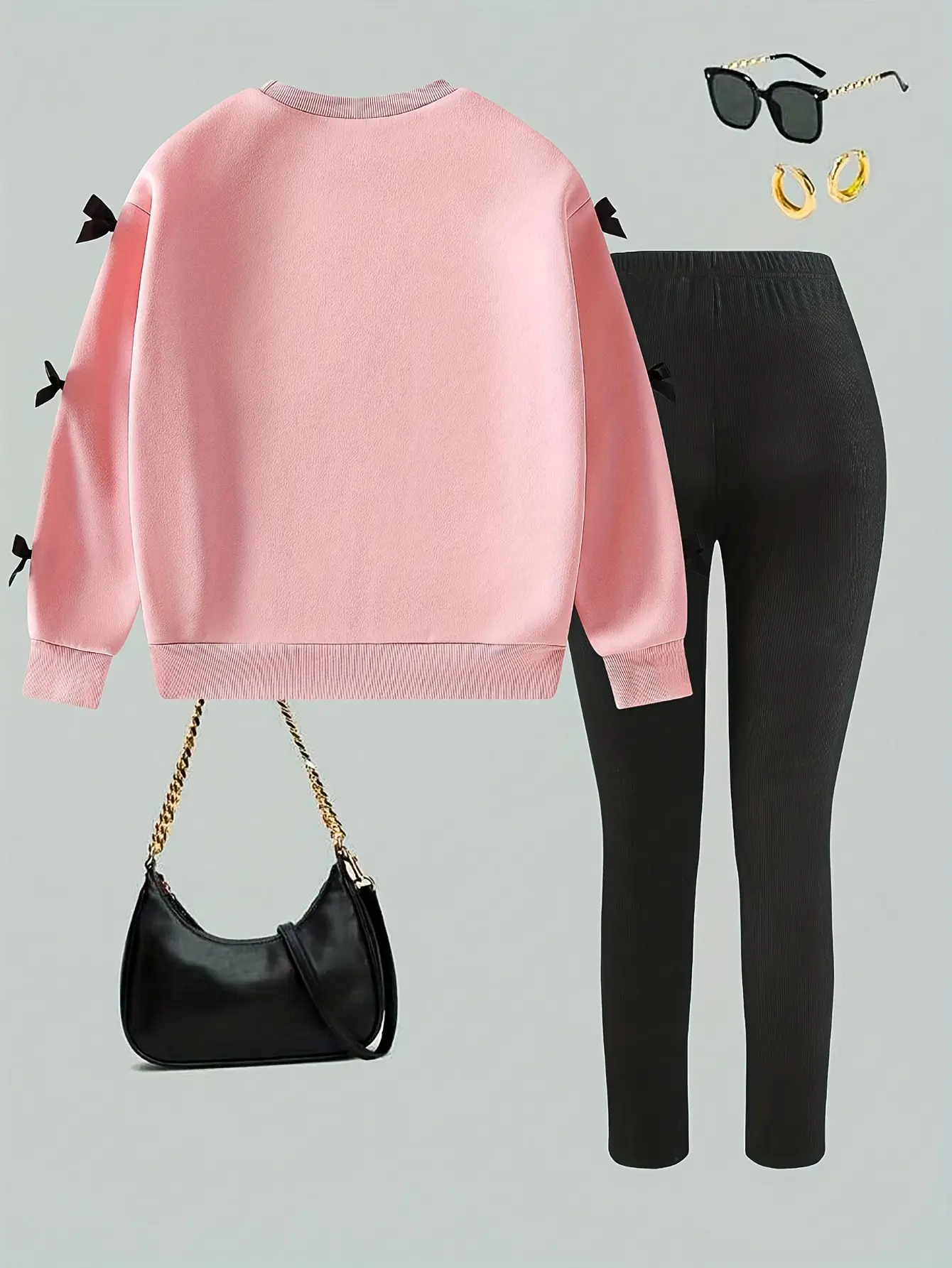 Girls Pink Bow Sweatshirt and Black Leggings Set detail view