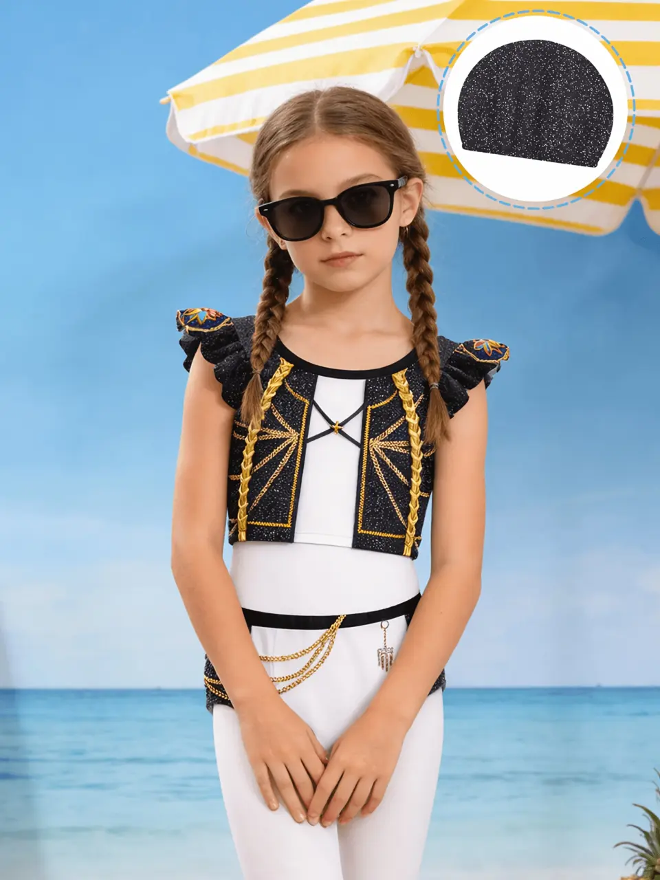 Girls Cartoon Print Bikini Swim Set with Ruffle Skirt