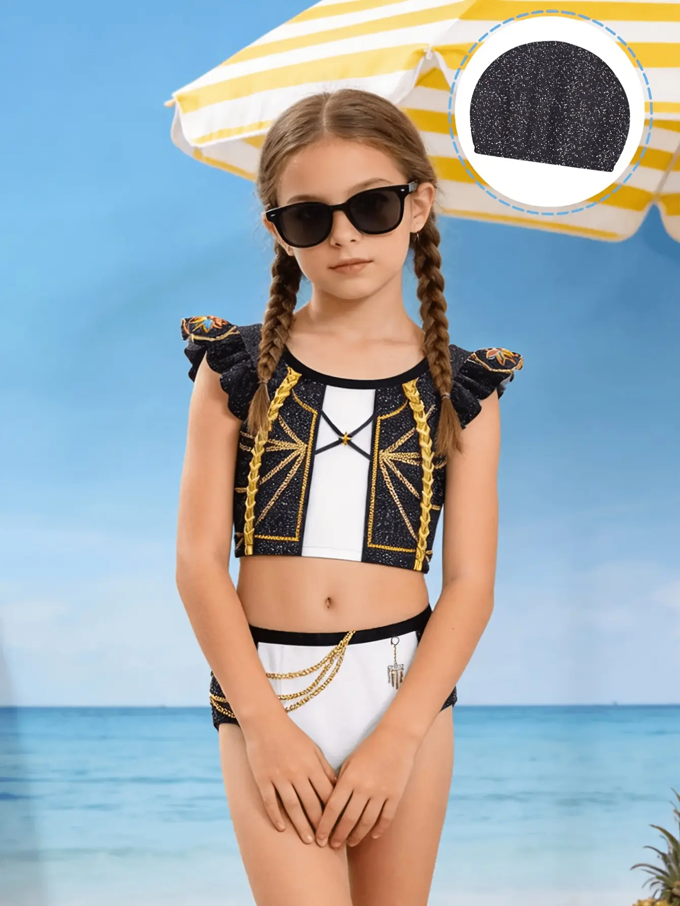 Girls Cartoon Print Bikini Swim Set with Ruffle Skirt detail view