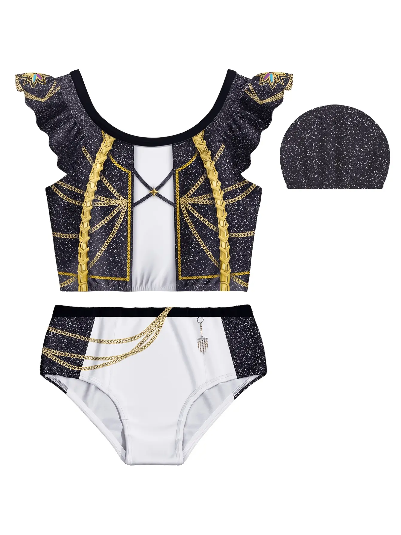 Girls Cartoon Print Bikini Swim Set with Ruffle Skirt detail view