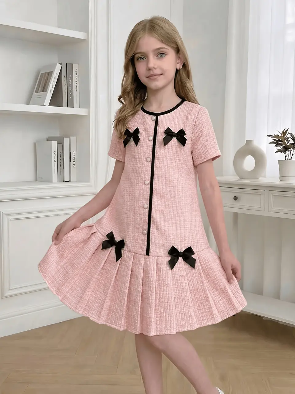 Girls Pink Tweed Bow A-Line Dress