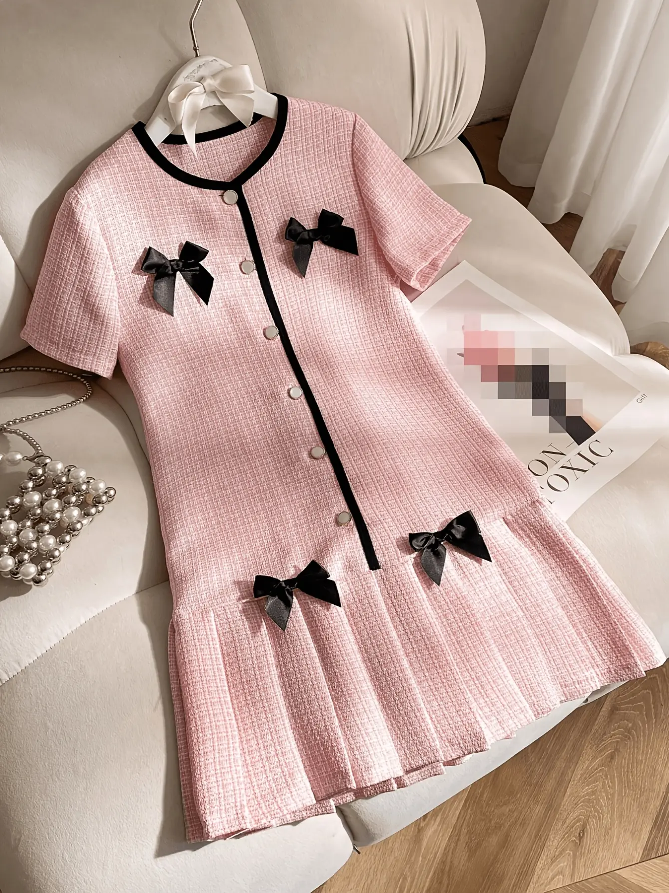 Girls Pink Tweed Bow A-Line Dress detail view