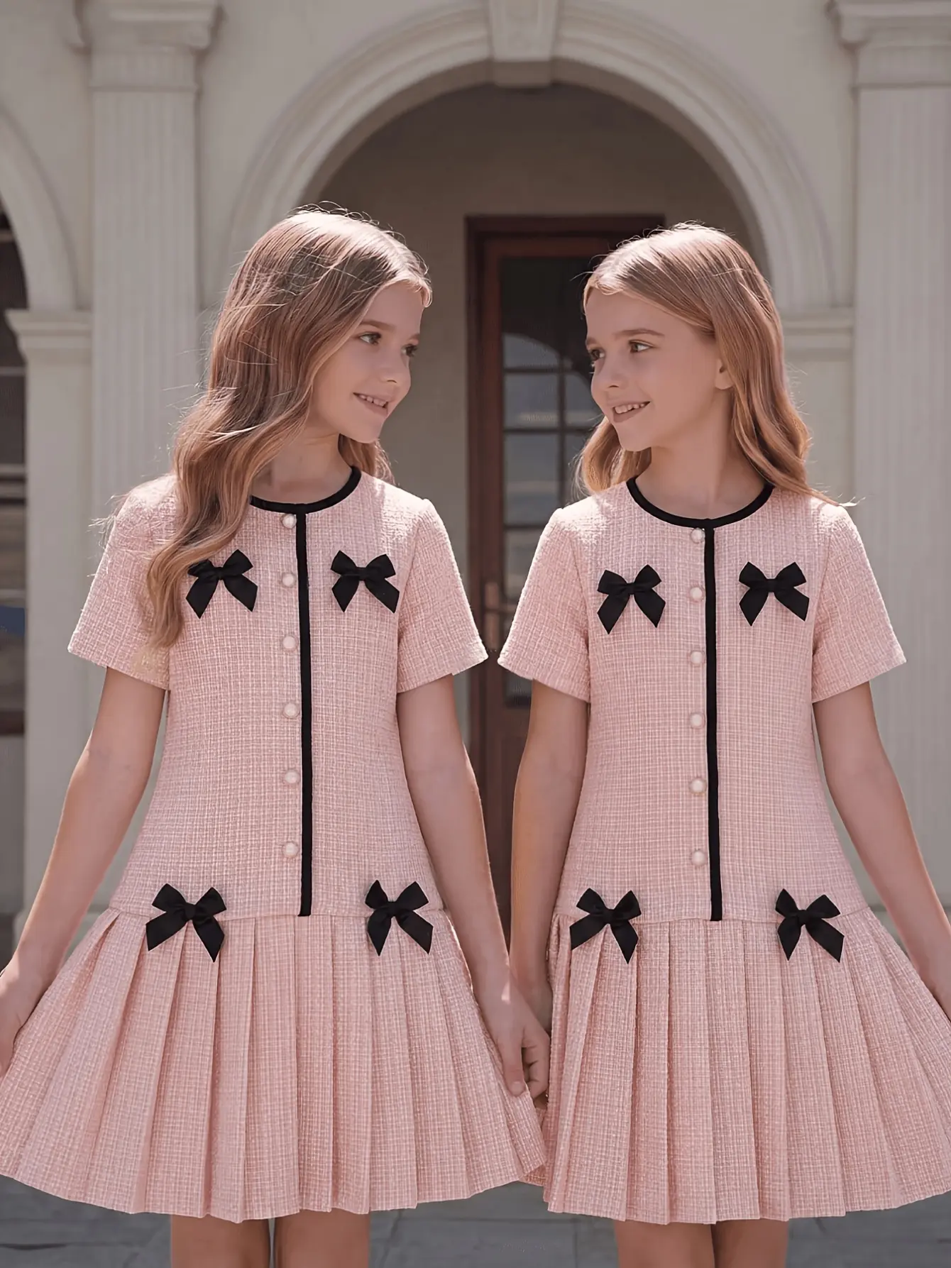 Girls Pink Tweed Bow A-Line Dress detail view