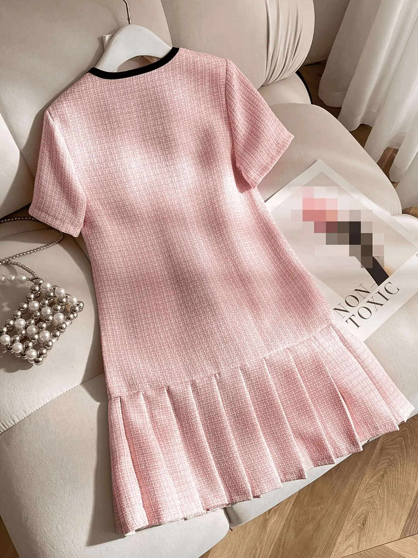 Girls Pink Tweed Bow A-Line Dress detail view