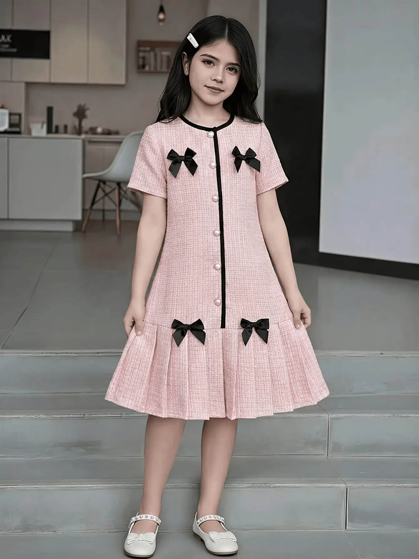 Girls Pink Tweed Bow A-Line Dress detail view