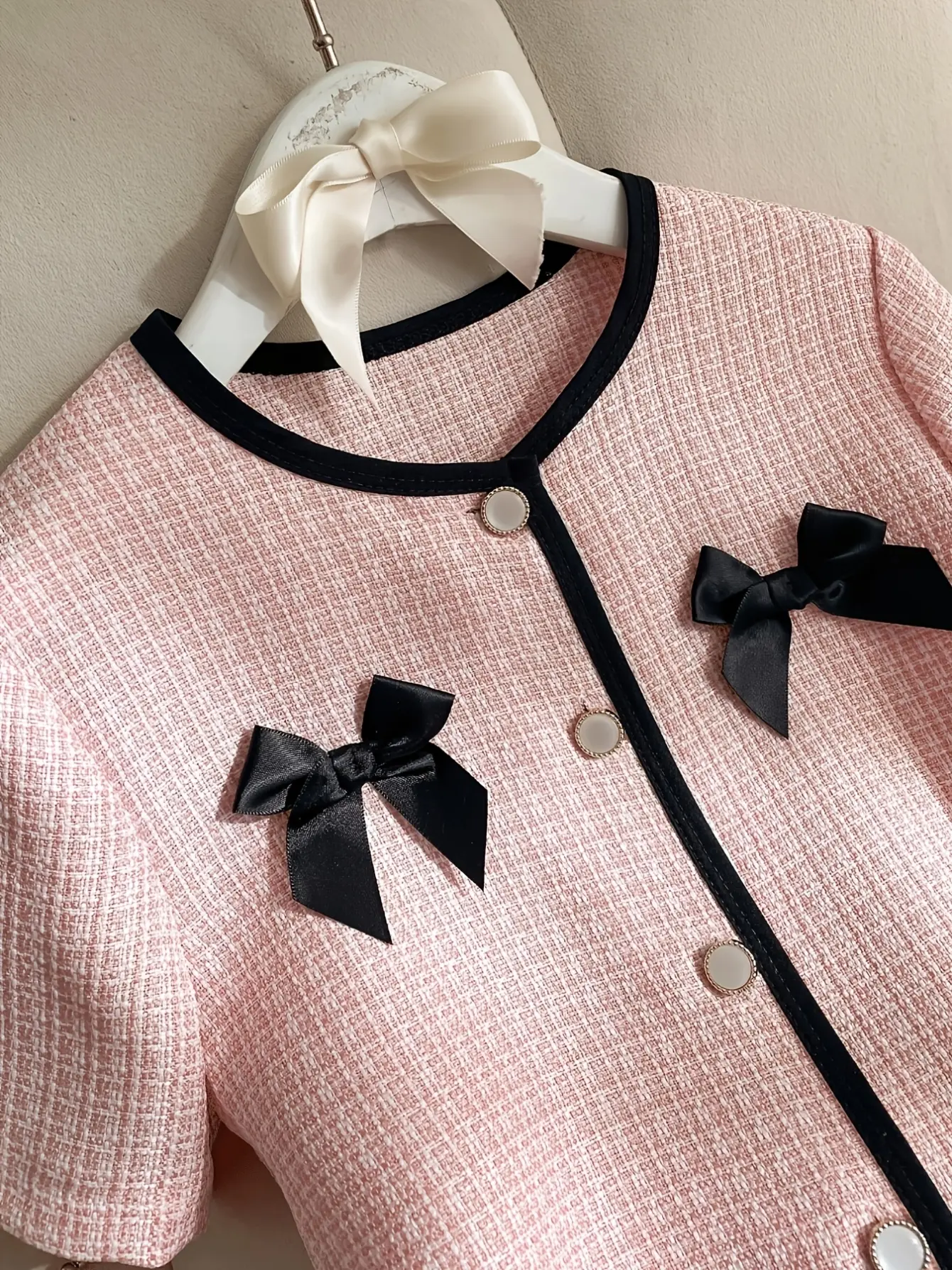Girls Pink Tweed Bow A-Line Dress detail view