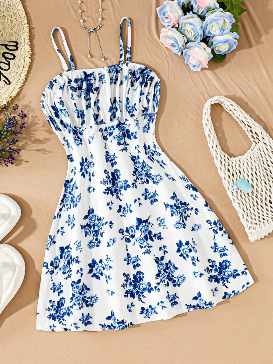Girls Blue Floral Smocked Sundress
