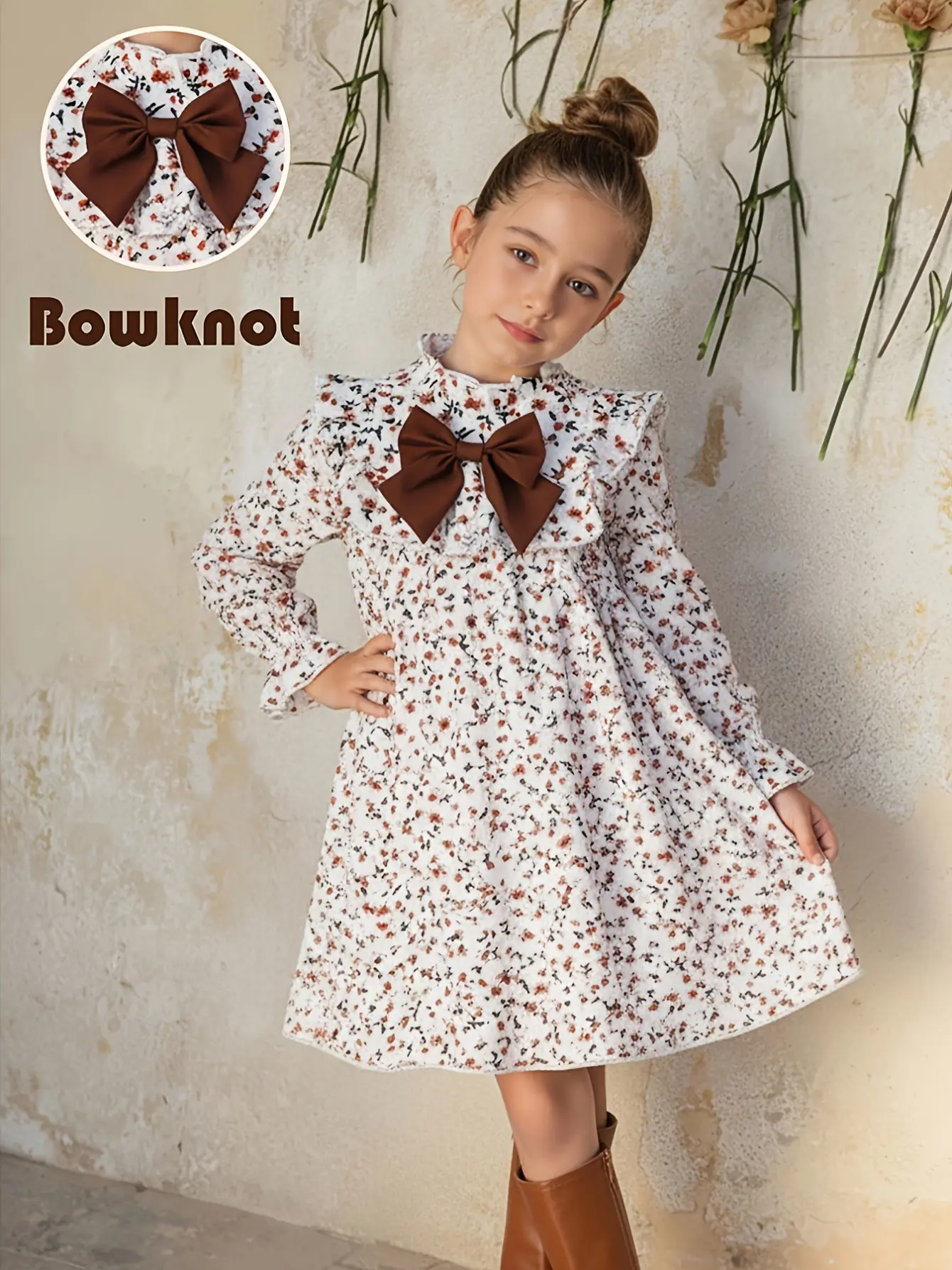 Girls Floral Bow Long Sleeve Dress