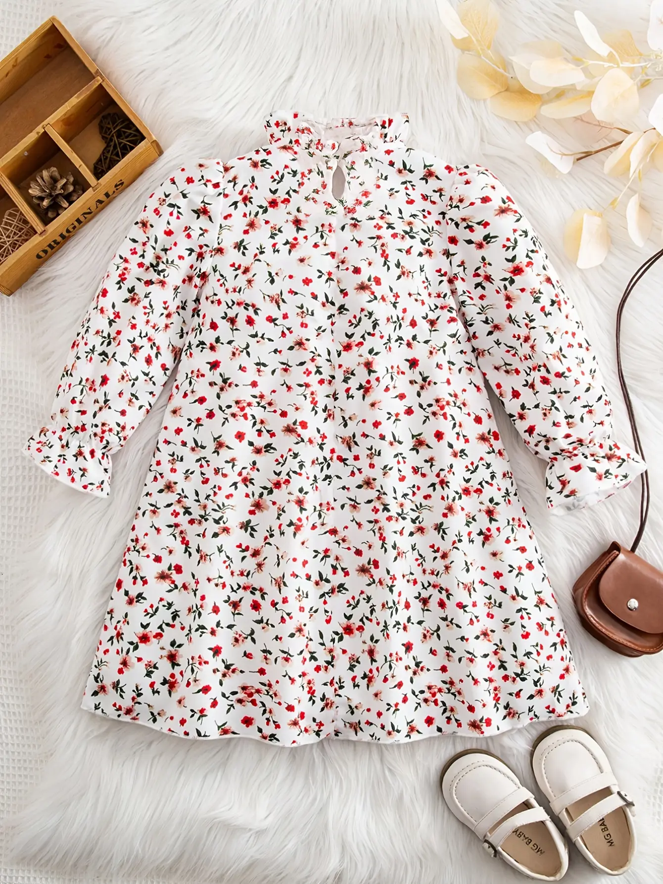 Girls Floral Bow Long Sleeve Dress detail view