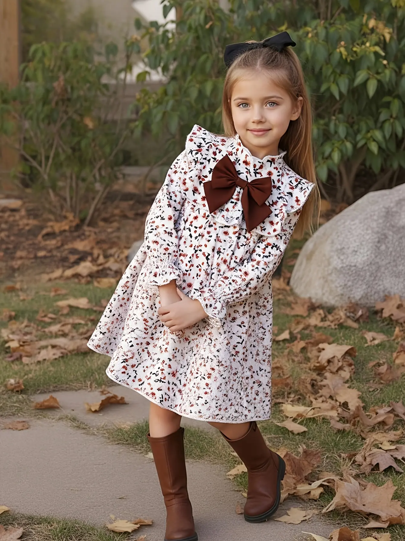 Girls Floral Bow Long Sleeve Dress detail view