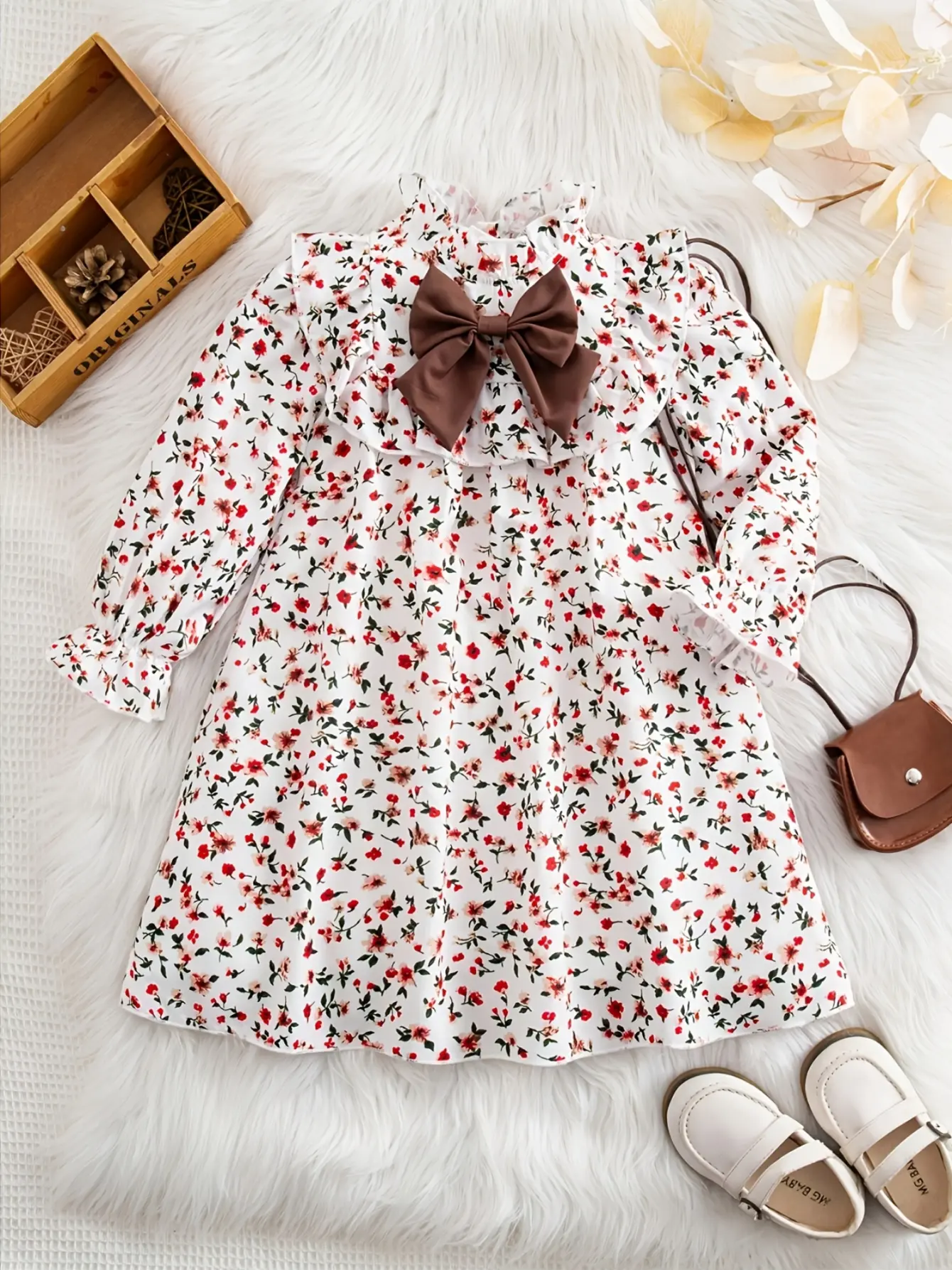 Girls Floral Bow Long Sleeve Dress detail view