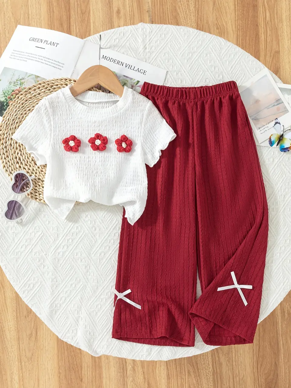 Girls 3D Flower Top and Wide Leg Pants Set