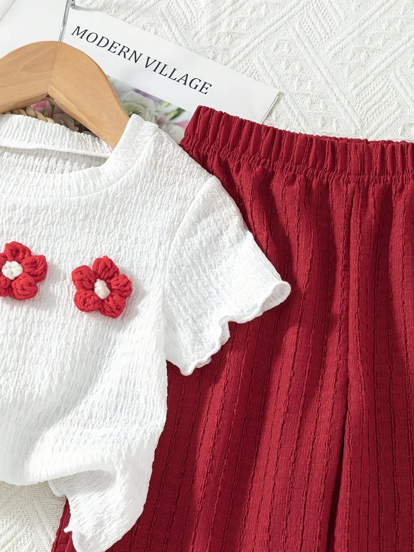 Girls 3D Flower Top and Wide Leg Pants Set detail view