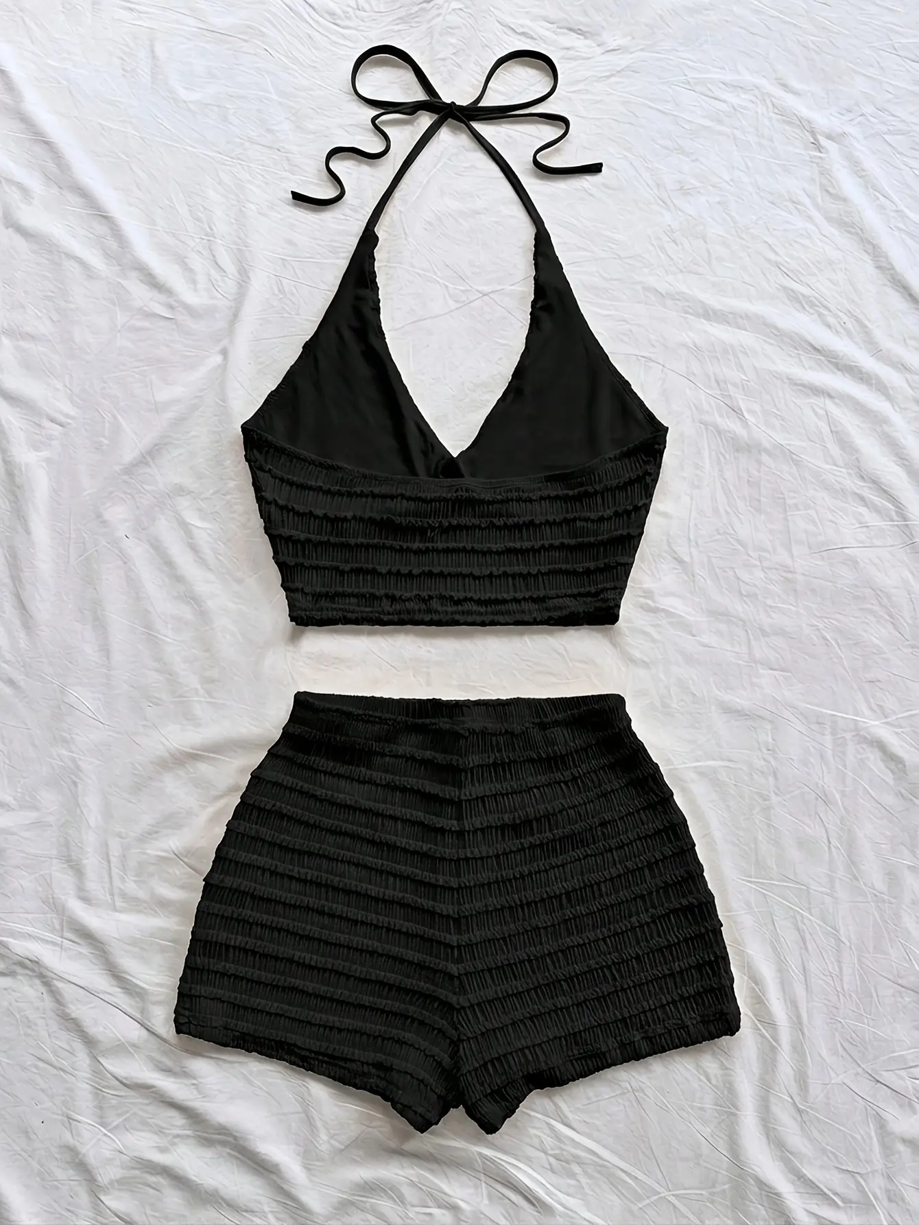 Women’s Black Ruched Halter Top and High Waist Shorts Set gallery view