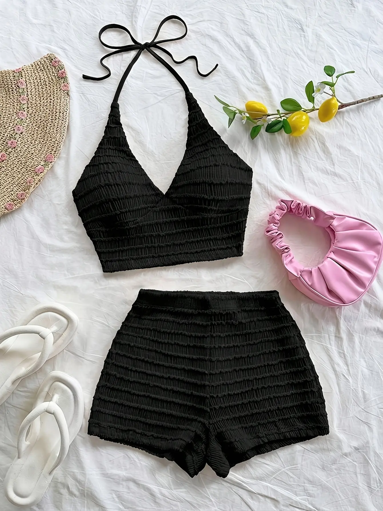 Women's Black Ruched Halter Top and High Waist Shorts Set