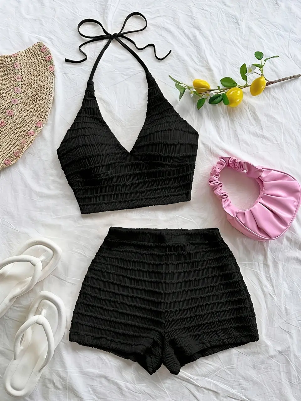 Women's Black Ruched Halter Top and High Waist Shorts Set