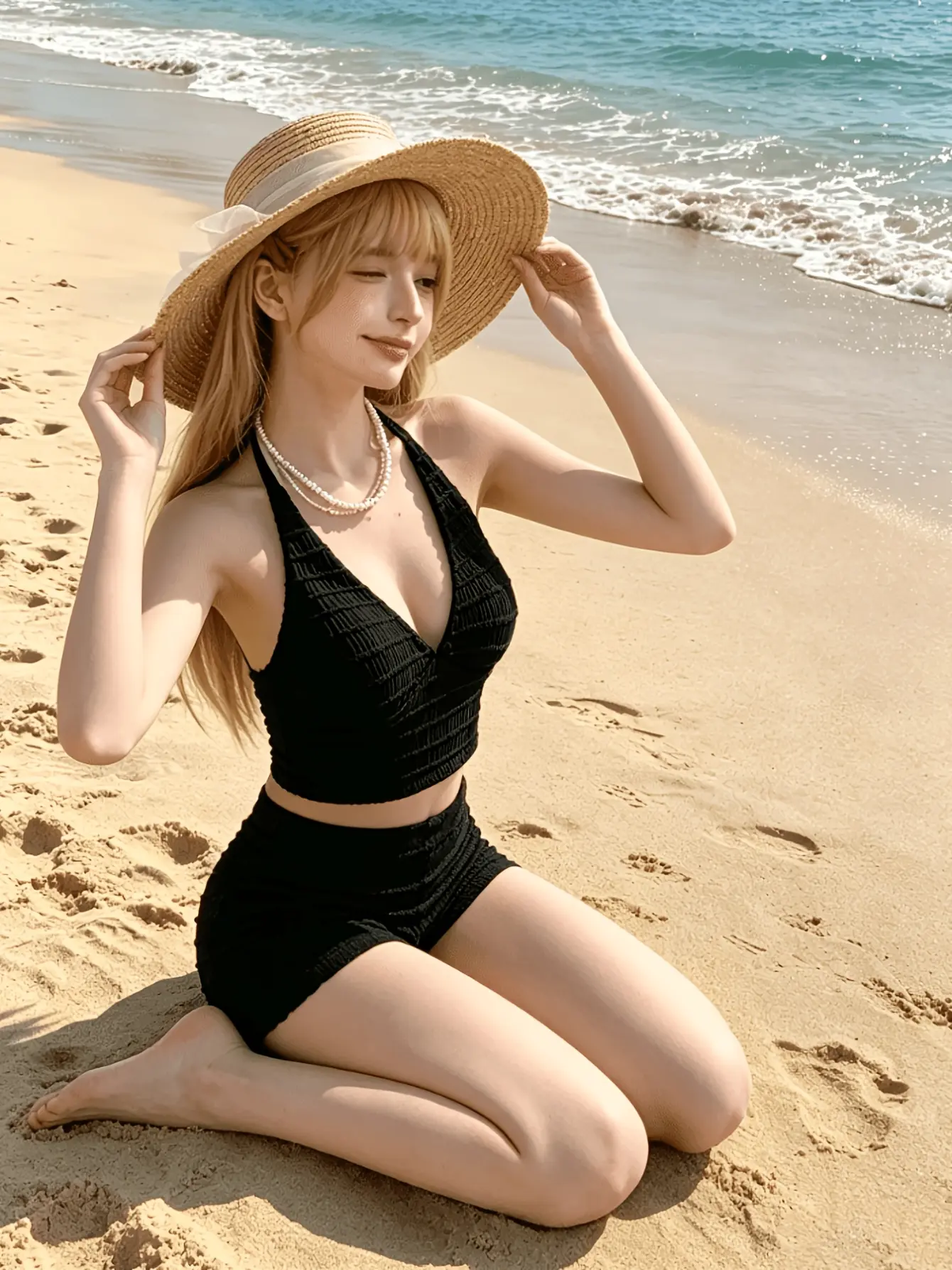 Women’s Black Ruched Halter Top and High Waist Shorts Set gallery view