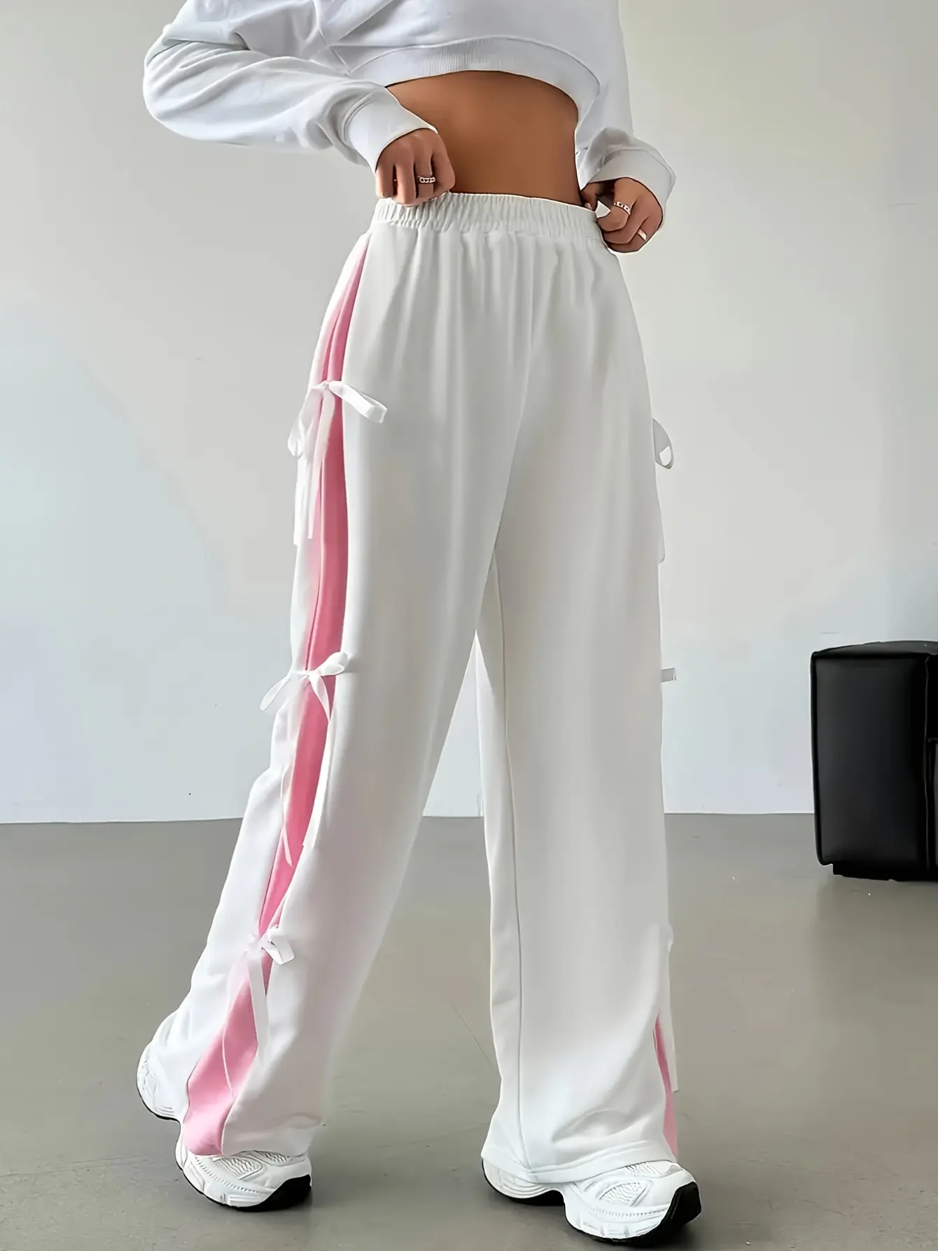Women's Pink and White Bow Colorblock Wide Leg Pants