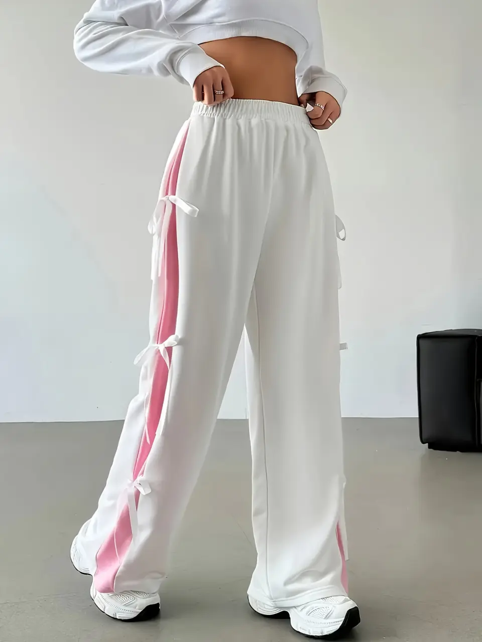 Women's Pink and White Bow Colorblock Wide Leg Pants