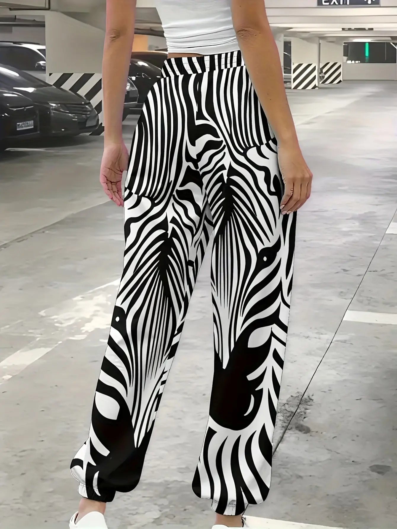 Women’s Black and White Zebra Print Drawstring Pants gallery view