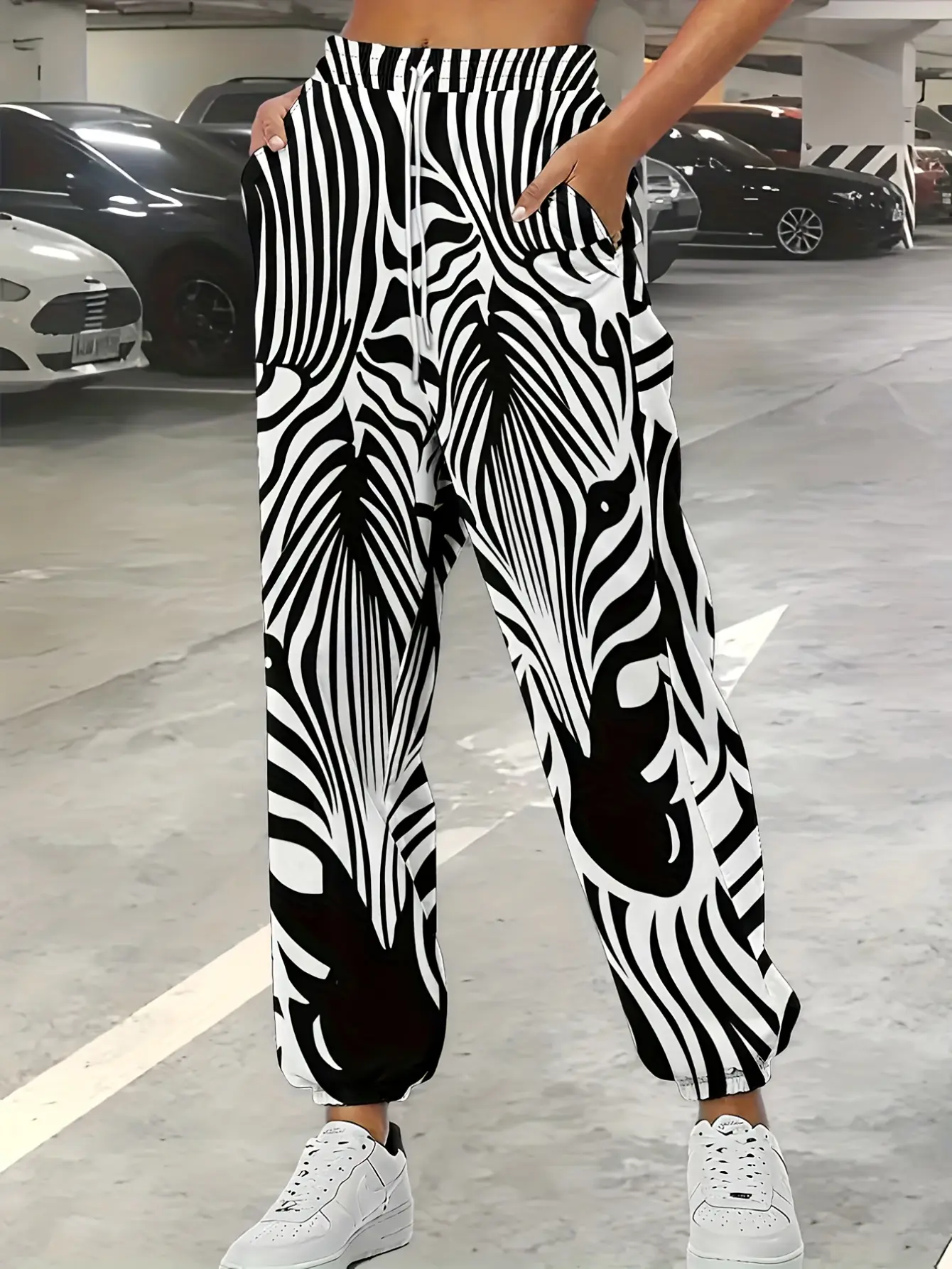 Women’s Black and White Zebra Print Drawstring Pants gallery view