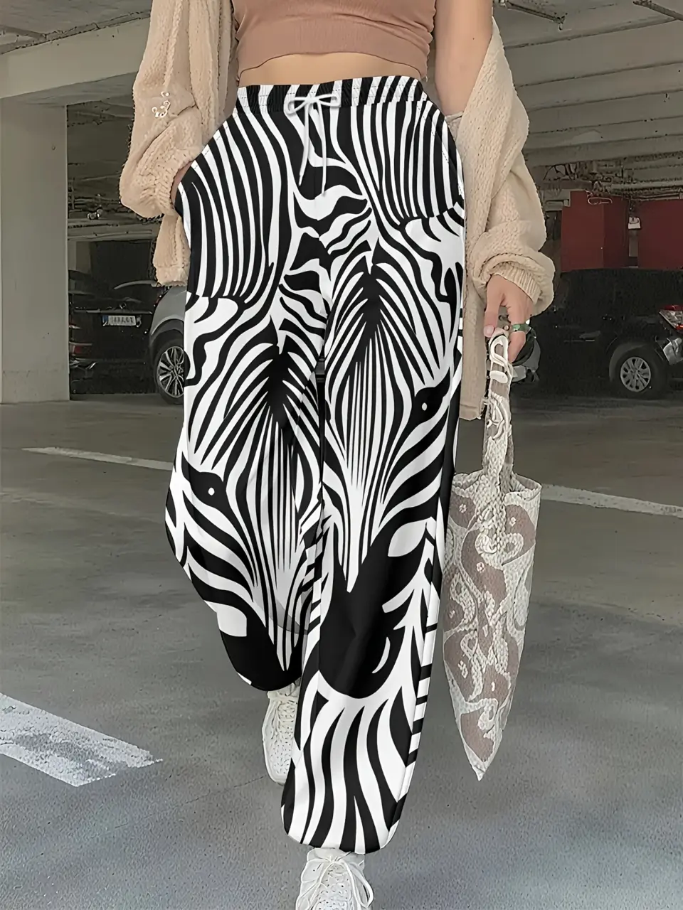 Women's Black and White Zebra Print Drawstring Pants