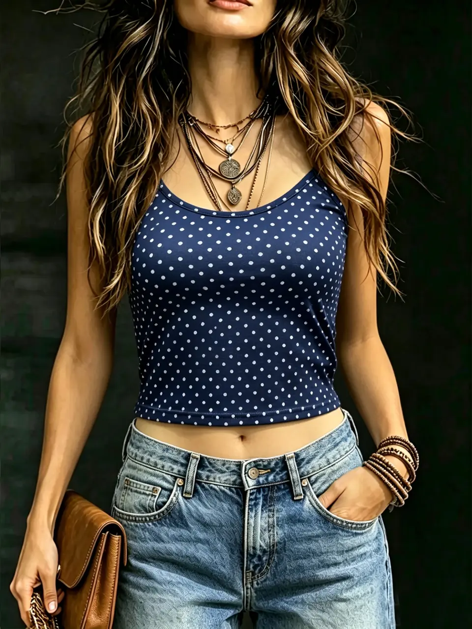 Women's Navy Polka Dot Fitted Cami Top