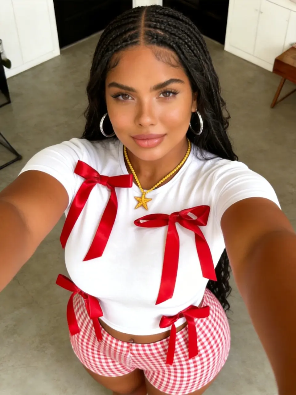 Women's Red Bow Tee and Gingham Shorts Two-Piece Set