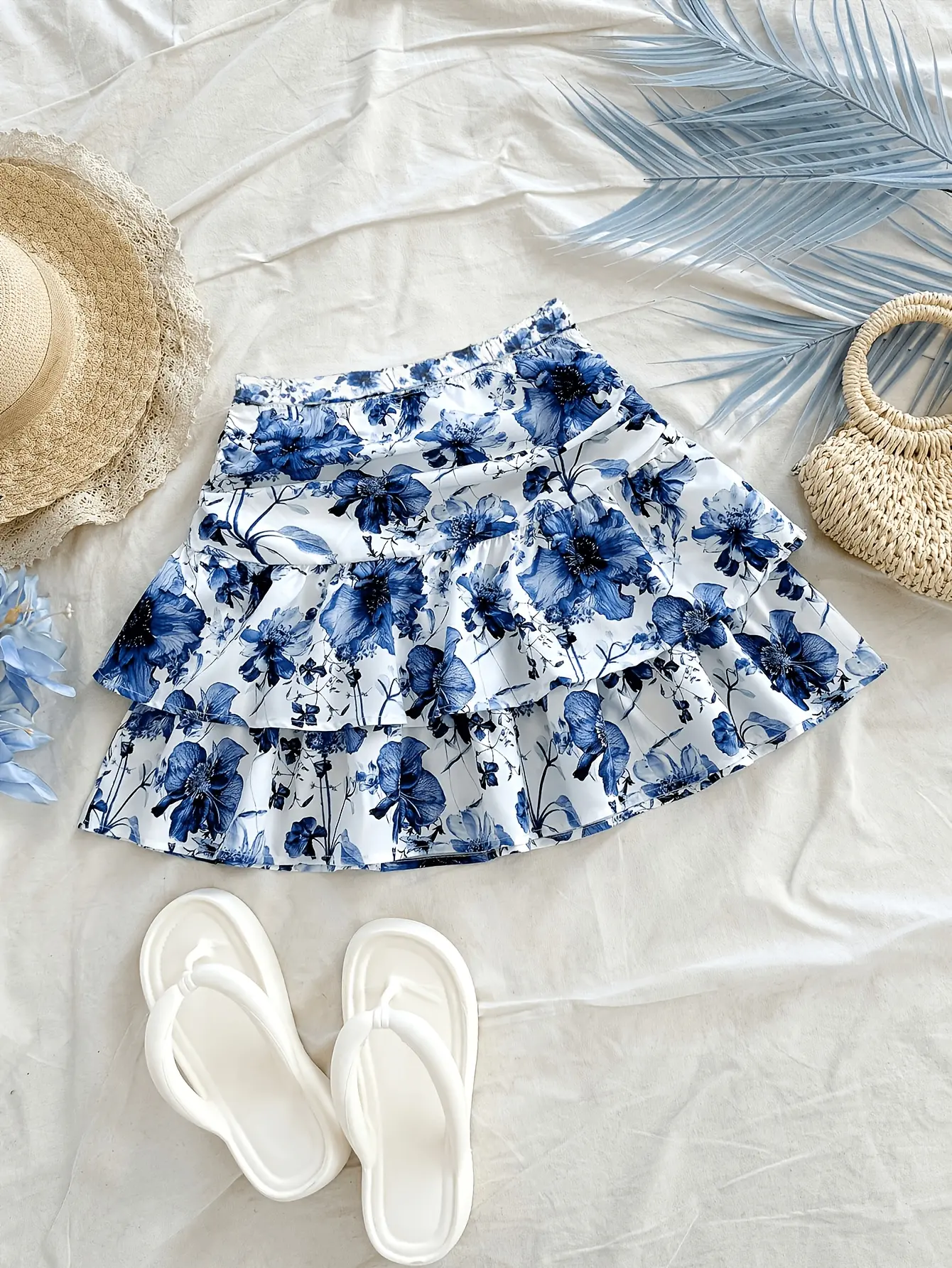 Women’s Watercolor Floral Tiered Ruffle Mini Skirt gallery view