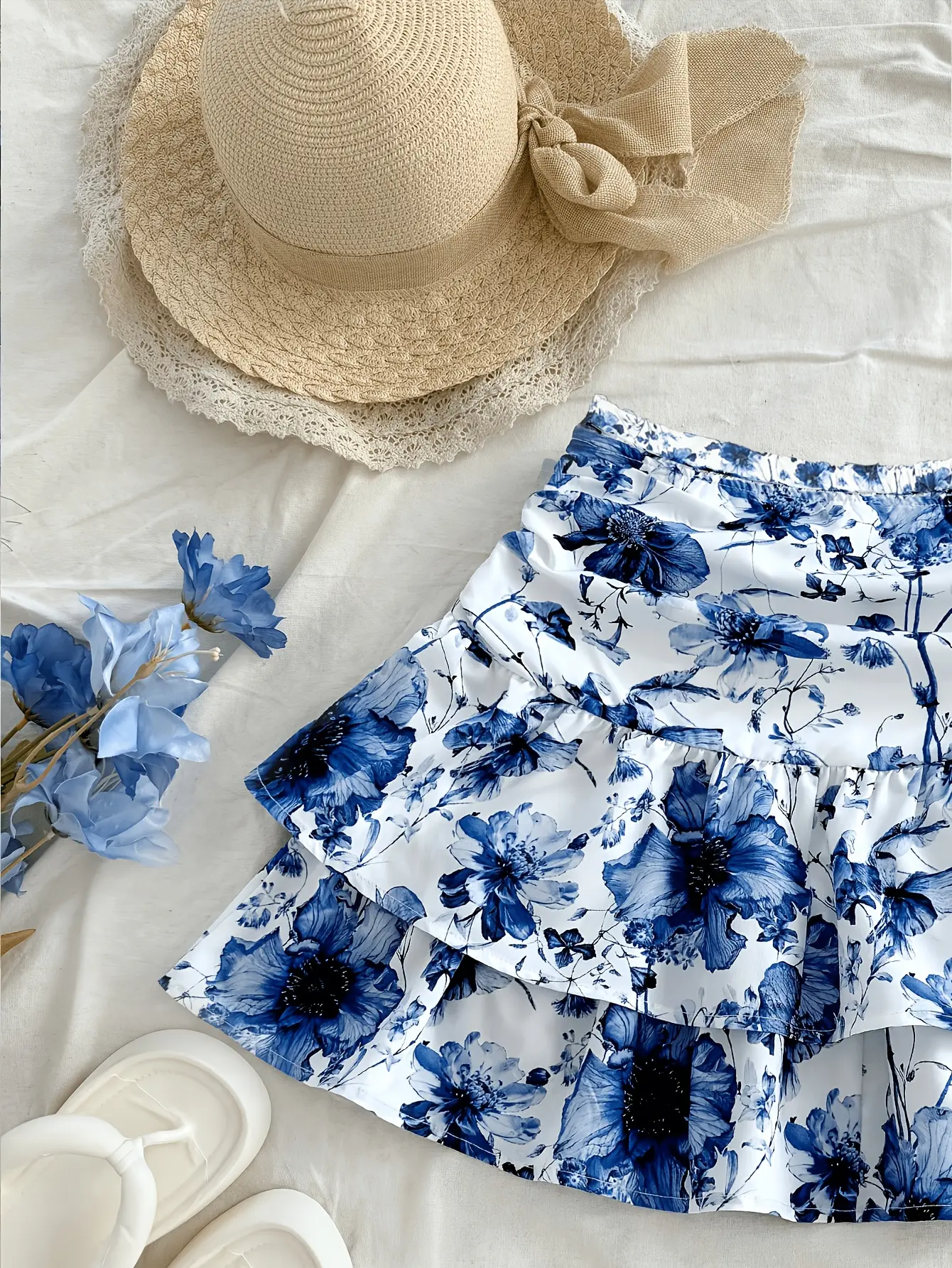 Women’s Watercolor Floral Tiered Ruffle Mini Skirt gallery view