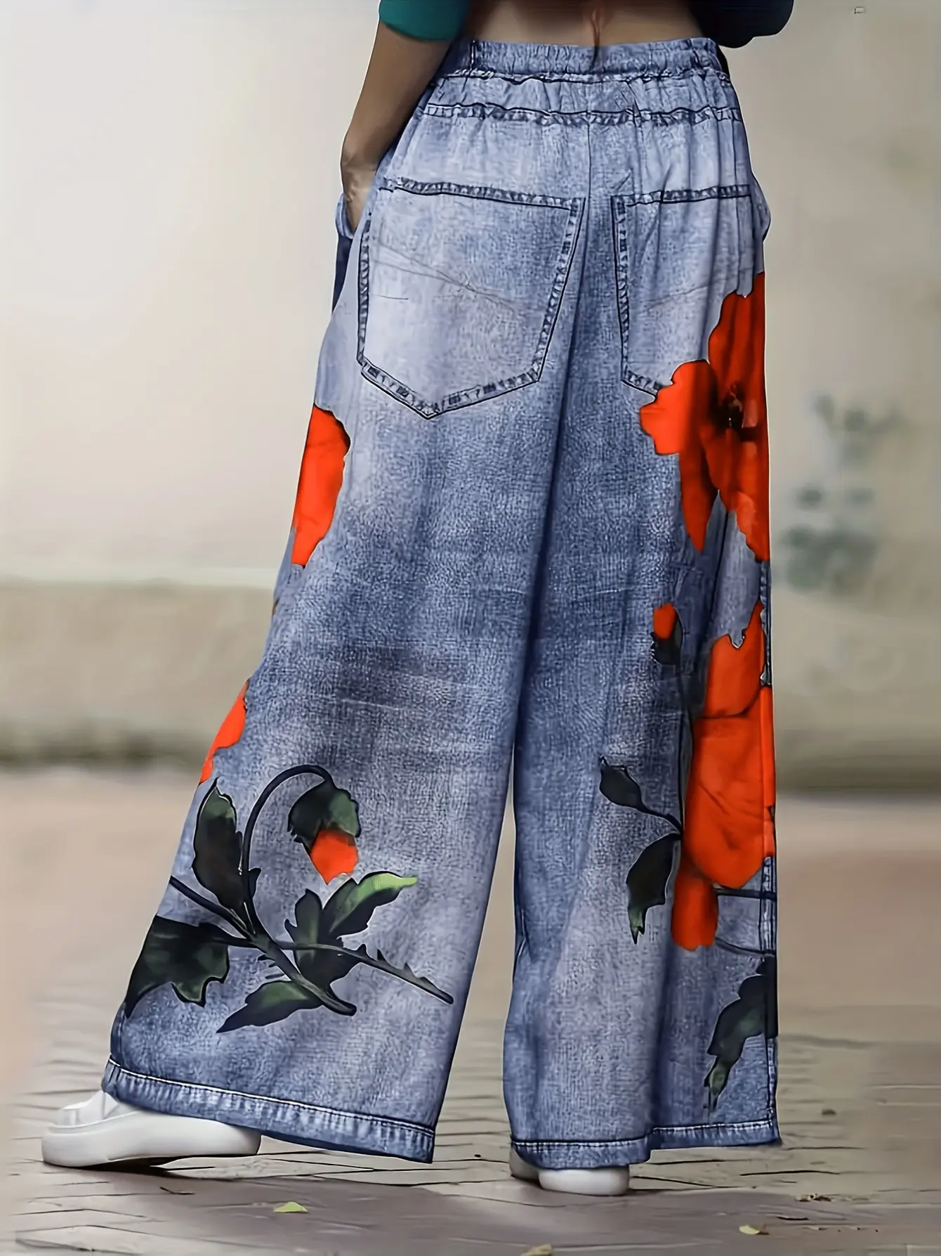 Women’s Floral Graffiti Faux Denim Wide Leg Pants gallery view