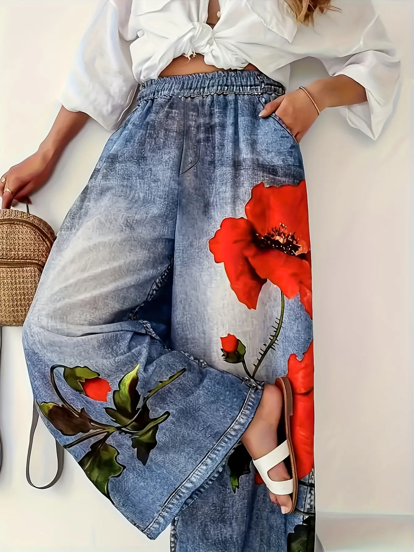 Women’s Floral Graffiti Faux Denim Wide Leg Pants gallery view