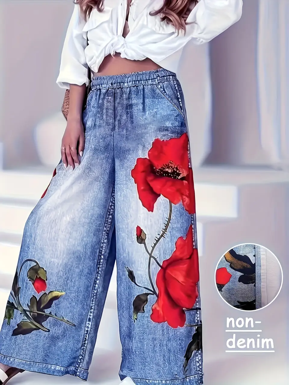 Women's Floral Graffiti Faux Denim Wide Leg Pants
