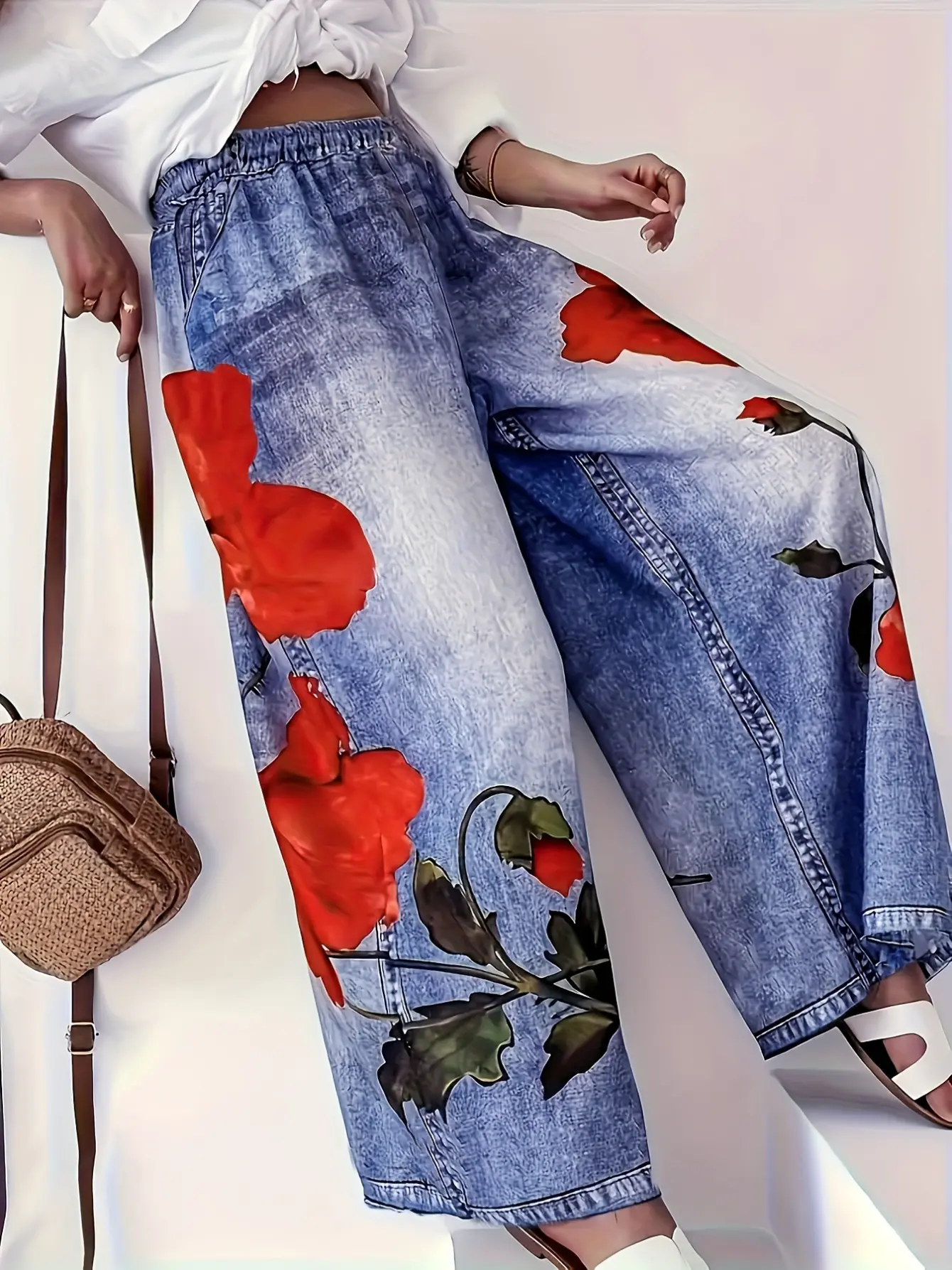 Women’s Floral Graffiti Faux Denim Wide Leg Pants gallery view