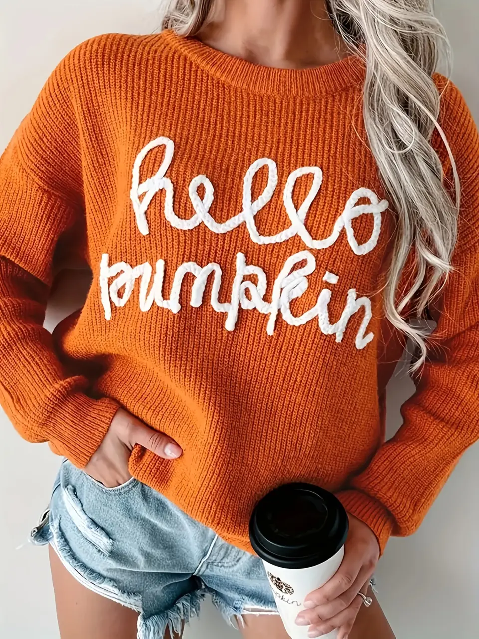 Women's Hello Pumpkin Embroidered Crew Neck Sweater