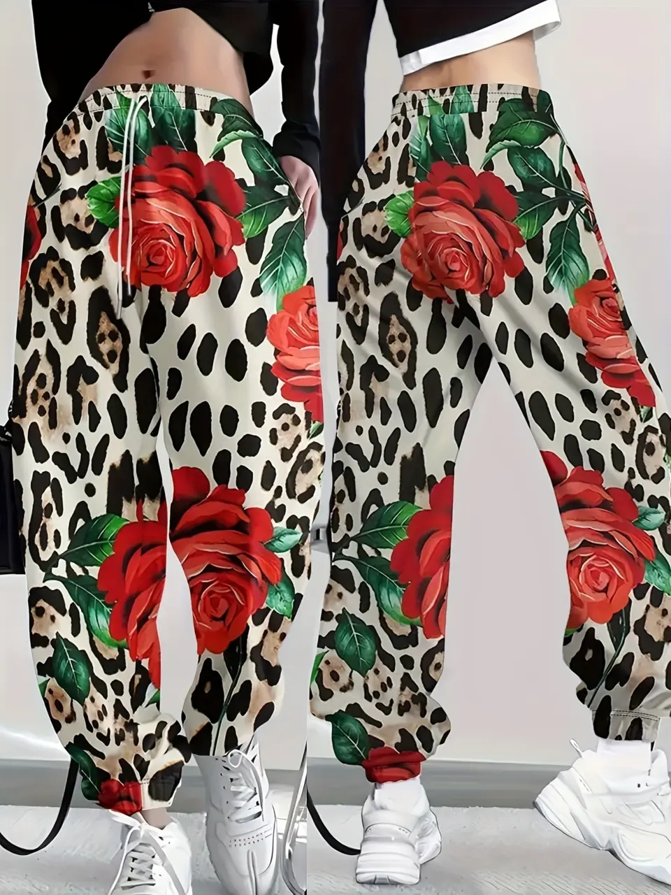 Women's Rose Graphic Drawstring Jogger Pants with Pockets