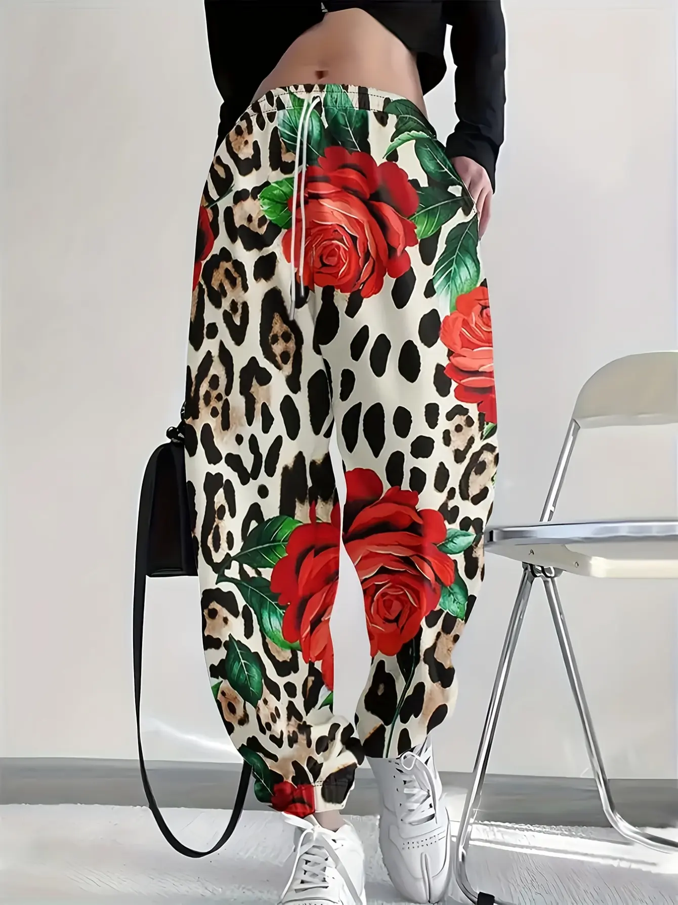 Women’s Rose Graphic Drawstring Jogger Pants with Pockets gallery view