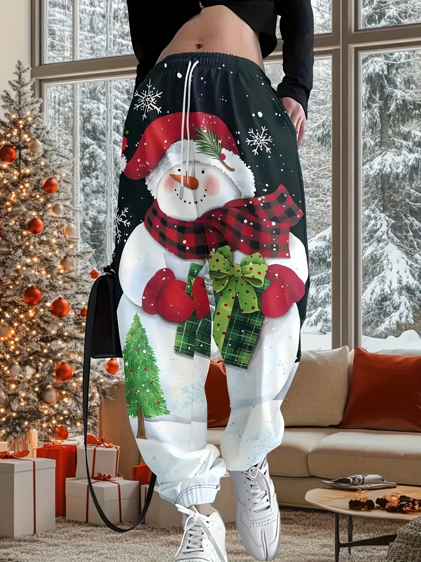 Women's Snowman Print Christmas Drawstring Jogger Pants