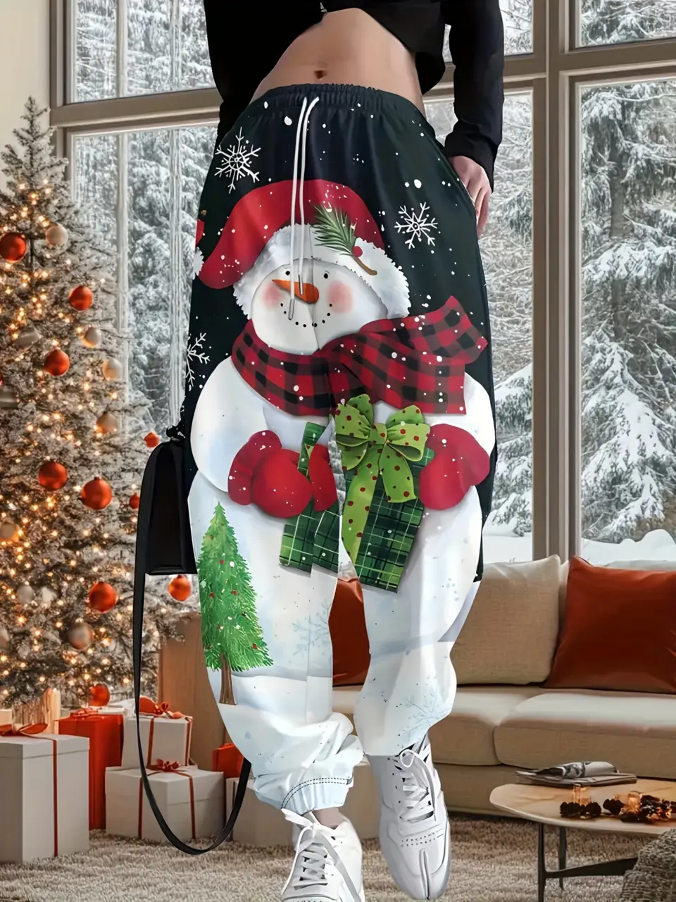 Women's Snowman Print Christmas Drawstring Jogger Pants