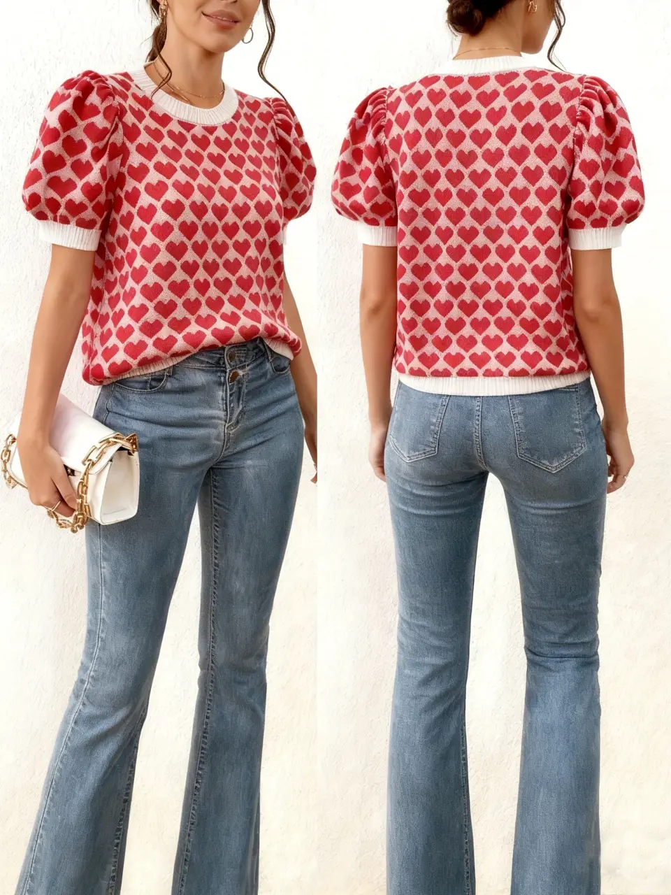 Women's Red Heart Pattern Short Sleeve Knit Top
