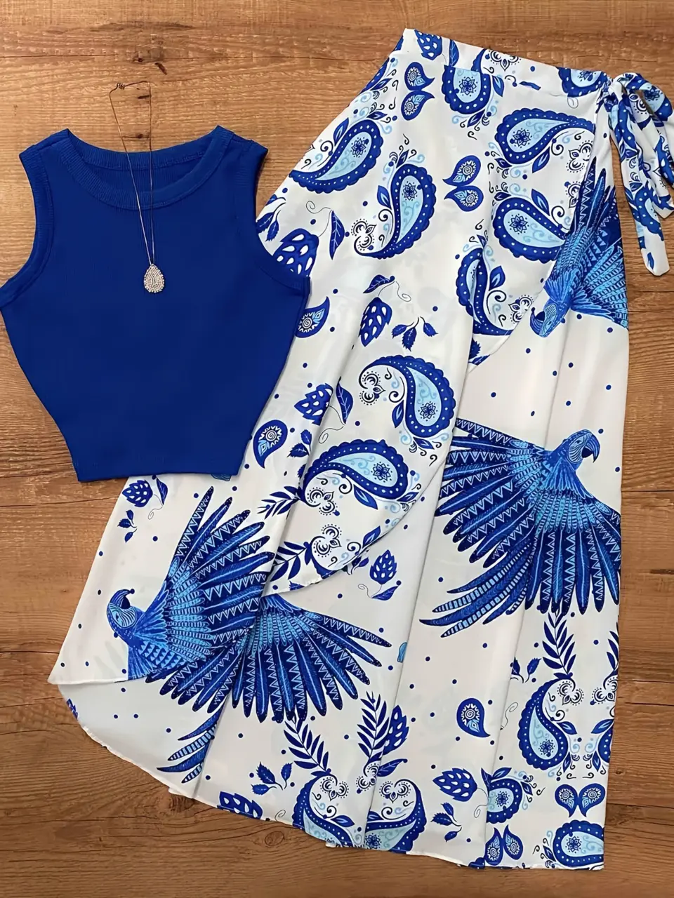 Women's Blue Paisley Tank Top and Skater Skirt Set