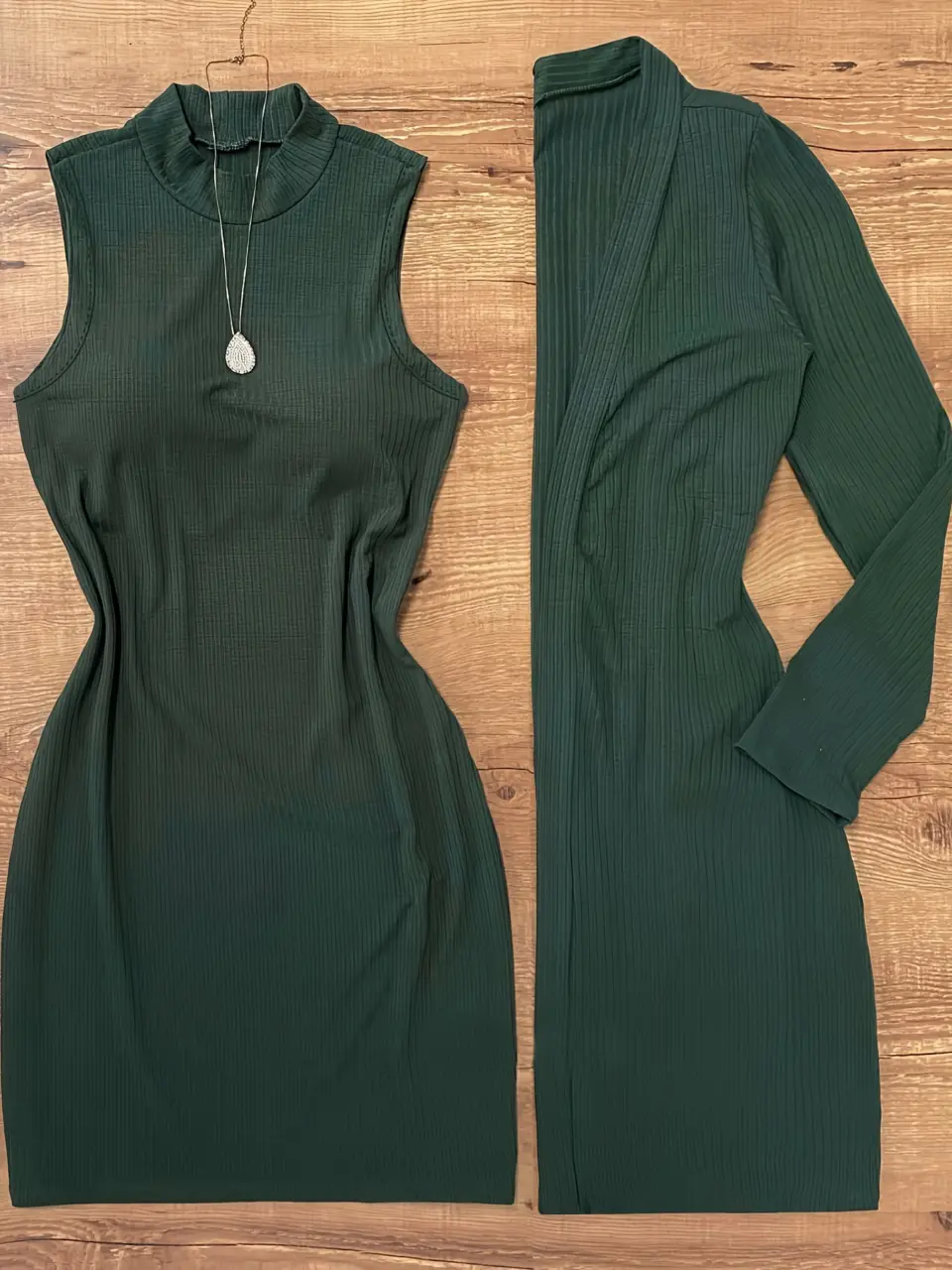 Women's Green Knit Mini Dress and Cardigan Set